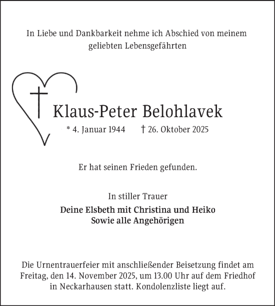 Traueranzeige von Klaus-Peter Belohlavek von Mannheimer Morgen