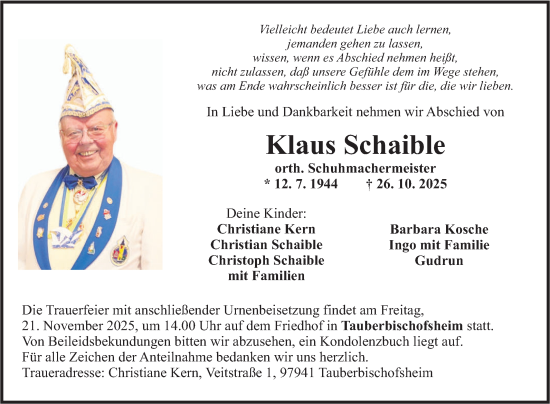 Traueranzeige von Klaus Schaible von Fränkische Nachrichten