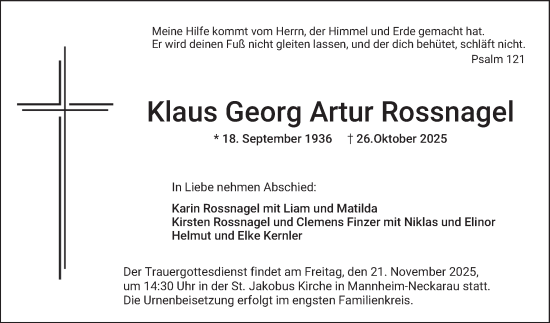 Traueranzeige von Klaus Georg Artur Rossnagel von Mannheimer Morgen