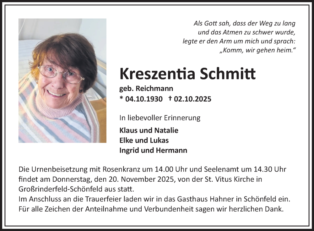  Traueranzeige für Kreszentia Schmitt vom 15.11.2025 aus Fränkische Nachrichten