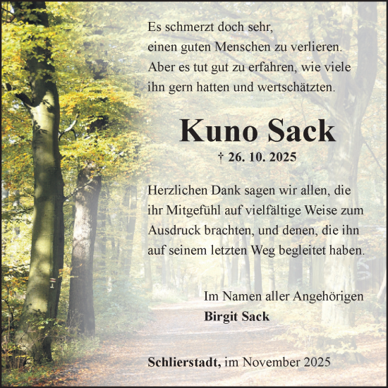 Traueranzeige von Kuno Sack von Fränkische Nachrichten