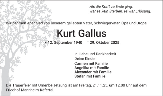 Traueranzeige von Kurt Gallus von Mannheimer Morgen