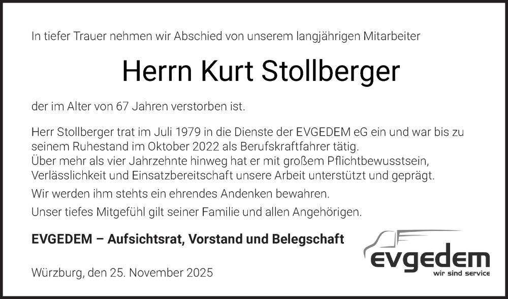  Traueranzeige für Kurt Stollberger vom 26.11.2025 aus Fränkische Nachrichten