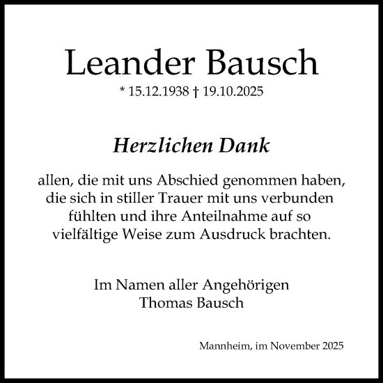 Traueranzeige von Leander Bausch von Mannheimer Morgen