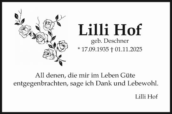 Traueranzeige von Lilli Hof von Mannheimer Morgen