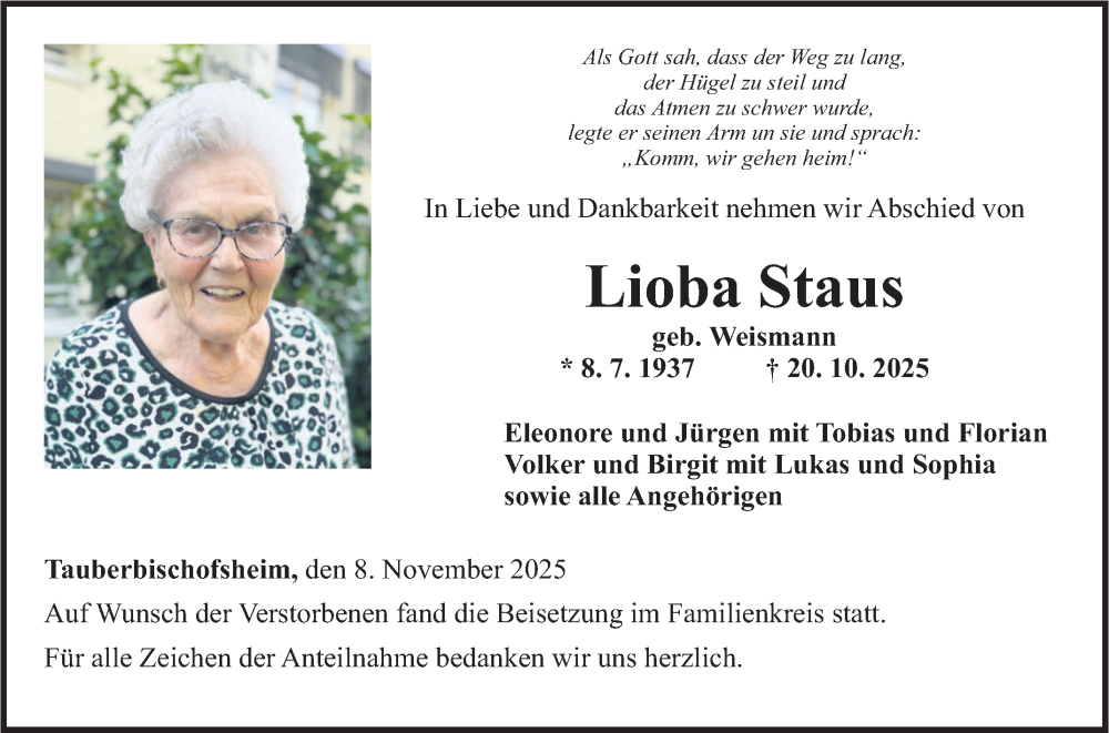  Traueranzeige für Lioba Staus vom 08.11.2025 aus Fränkische Nachrichten