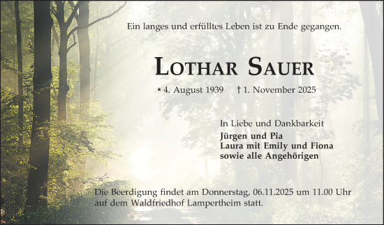 Traueranzeige von Lothar Sauer von Mannheimer Morgen