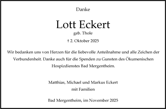 Traueranzeige von Lott Eckert von Fränkische Nachrichten