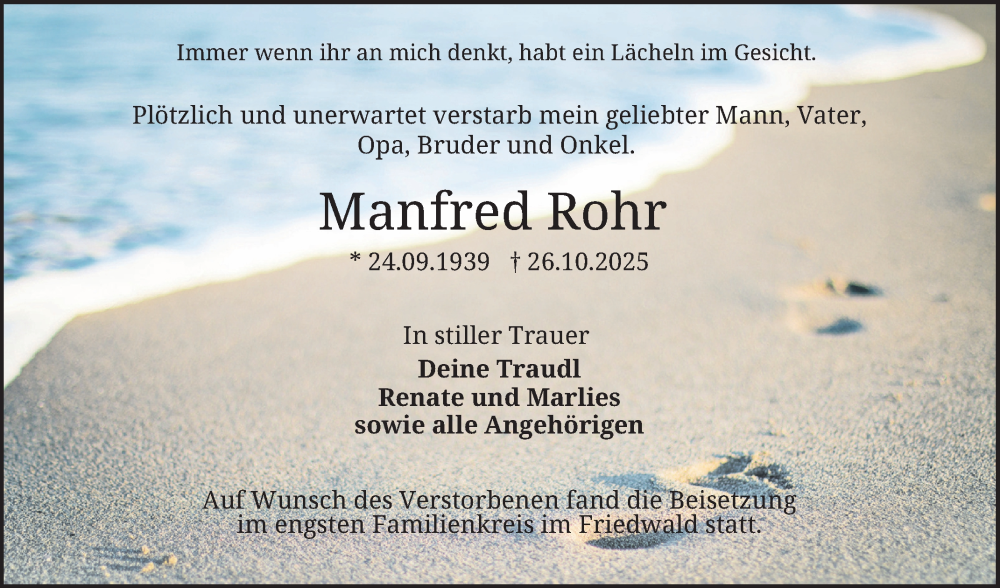  Traueranzeige für Manfred Rohr vom 29.11.2025 aus Schwetzinger Zeitung