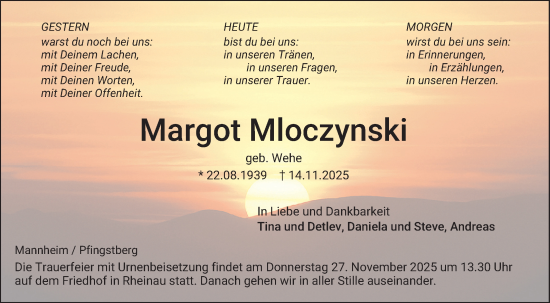 Traueranzeige von Margot Mloczynski von Mannheimer Morgen