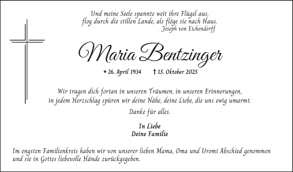  Traueranzeige für Maria Bentzinger vom 08.11.2025 aus Mannheimer Morgen