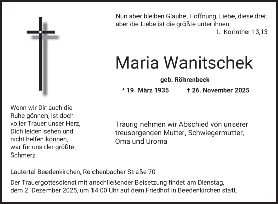 Traueranzeige von Maria Wanitschek von Bergsträßer Anzeiger
