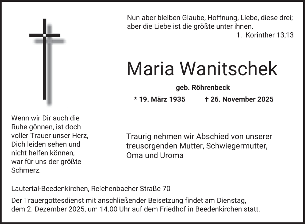  Traueranzeige für Maria Wanitschek vom 29.11.2025 aus Bergsträßer Anzeiger