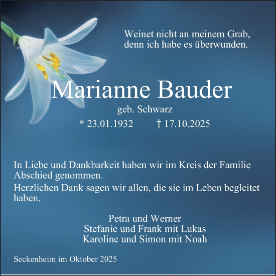 Traueranzeige von Marianne Bauder von Mannheimer Morgen