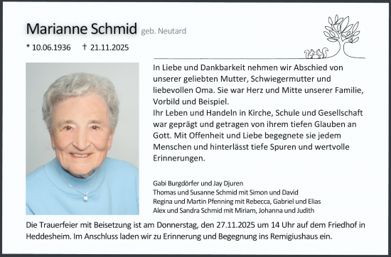 Traueranzeige von Marianne Schmid von Mannheimer Morgen