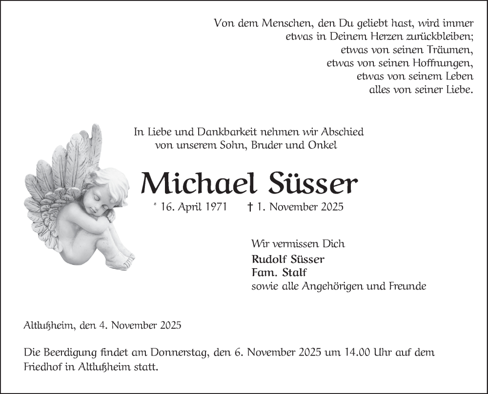  Traueranzeige für Michael Süsser vom 04.11.2025 aus Schwetzinger Zeitung