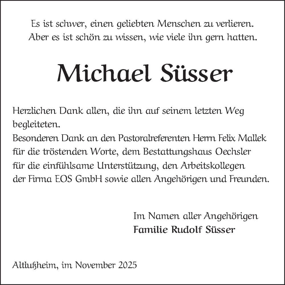  Traueranzeige für Michael Süsser vom 18.11.2025 aus Schwetzinger Zeitung