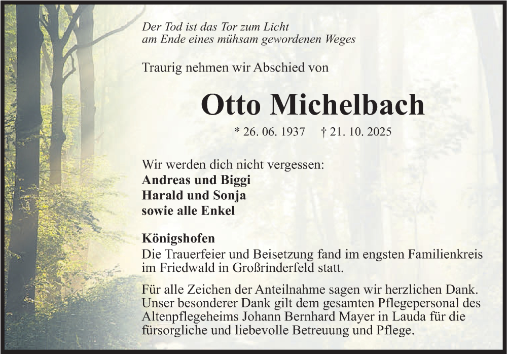 Traueranzeige für Otto Michelbach vom 08.11.2025 aus Fränkische Nachrichten