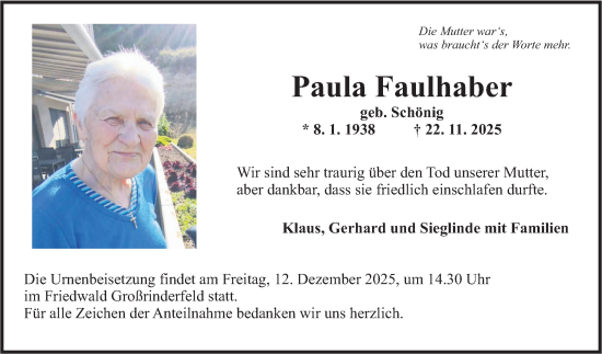 Traueranzeige von Paula Faulhaber von Fränkische Nachrichten