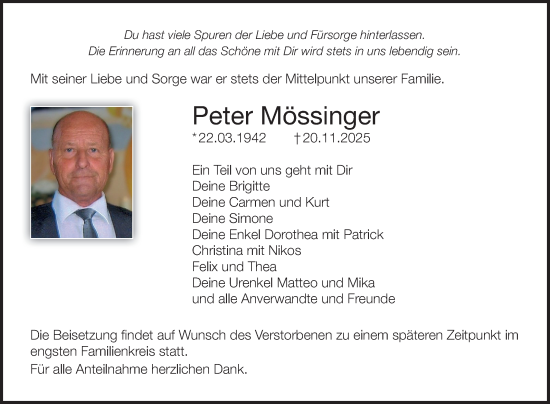 Traueranzeige von Peter Mössinger von Fränkische Nachrichten