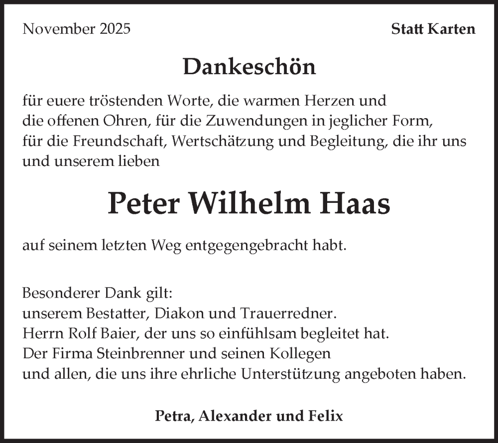  Traueranzeige für Peter Wilhelm Haas vom 28.11.2025 aus Fränkische Nachrichten