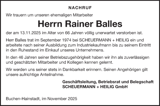 Traueranzeige von Rainer Balles von Fränkische Nachrichten