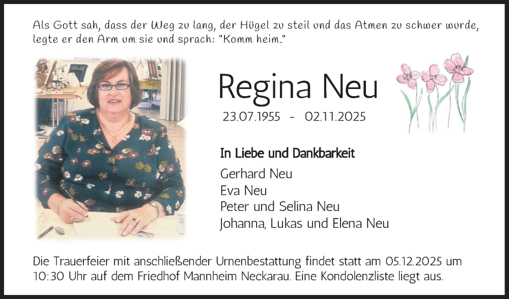  Traueranzeige für Regina Neu vom 22.11.2025 aus Mannheimer Morgen