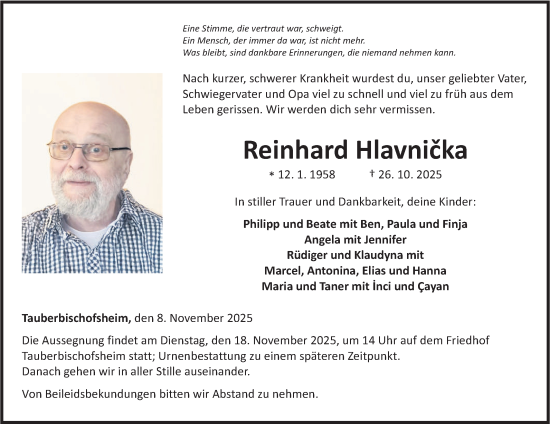 Traueranzeige von Reinhard Hlavnička von Fränkische Nachrichten