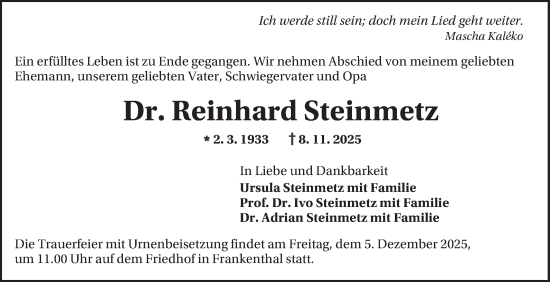 Traueranzeige von Reinhard Steinmetz von Mannheimer Morgen