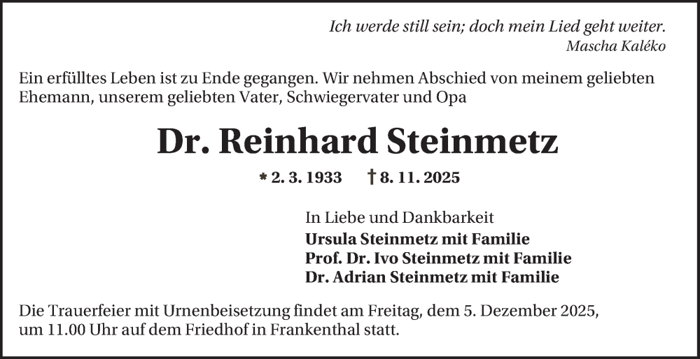  Traueranzeige für Reinhard Steinmetz vom 29.11.2025 aus Mannheimer Morgen