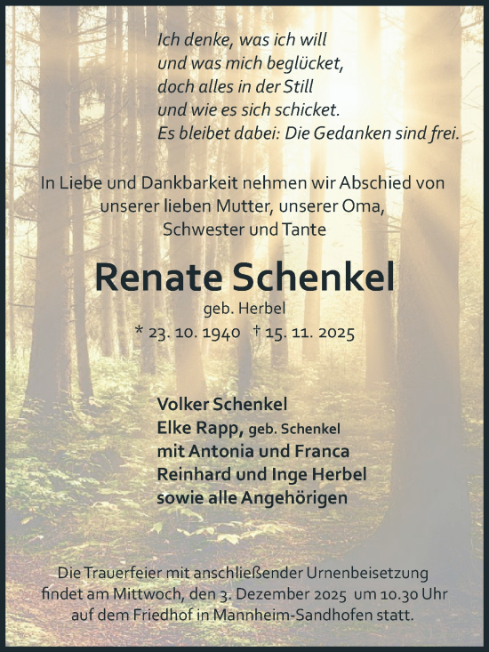 Traueranzeige von Renate Schenkel von Mannheimer Morgen