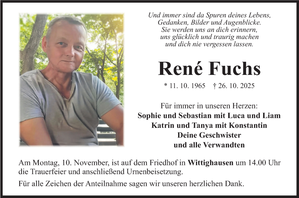  Traueranzeige für René Fuchs vom 05.11.2025 aus Fränkische Nachrichten
