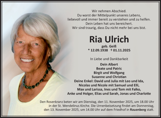 Traueranzeige von Ria Ulrich von Fränkische Nachrichten