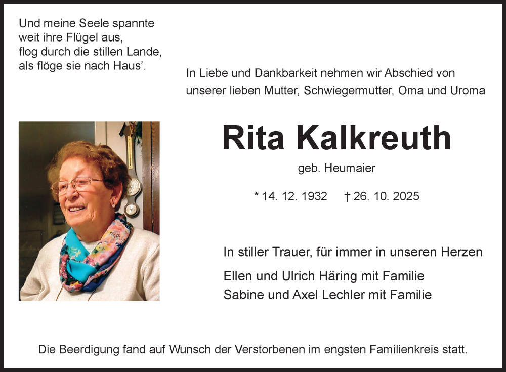  Traueranzeige für Rita Kalkreuth vom 11.11.2025 aus Fränkische Nachrichten
