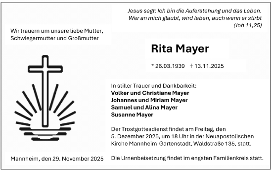 Traueranzeige von Rita Mayer von Mannheimer Morgen