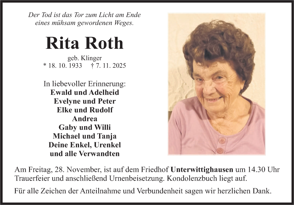  Traueranzeige für Rita Roth vom 22.11.2025 aus Fränkische Nachrichten