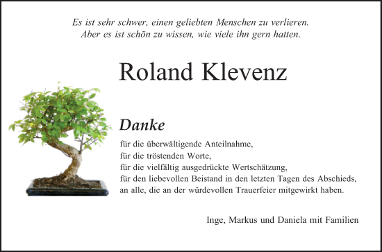 Traueranzeige von Roland Klevenz von Schwetzinger Zeitung