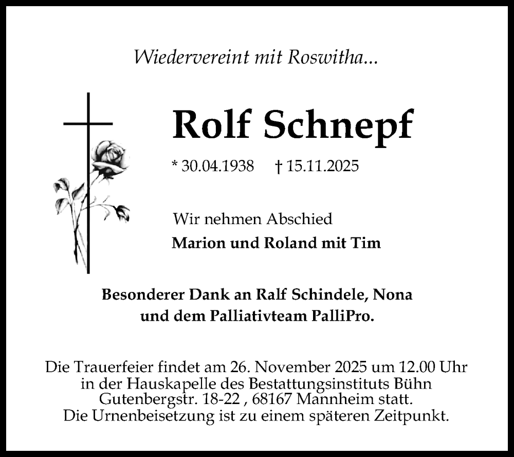  Traueranzeige für Rolf Schnepf vom 22.11.2025 aus Mannheimer Morgen