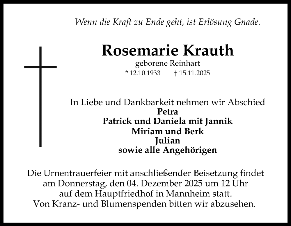  Traueranzeige für Rosemarie Krauth vom 29.11.2025 aus Mannheimer Morgen