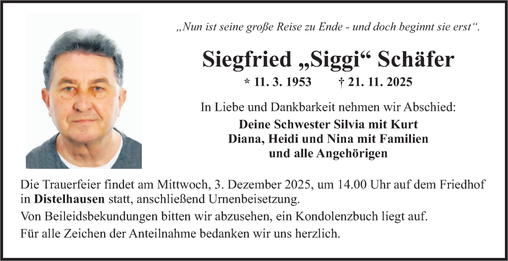  Traueranzeige für Siegfried Schäfer vom 29.11.2025 aus Fränkische Nachrichten