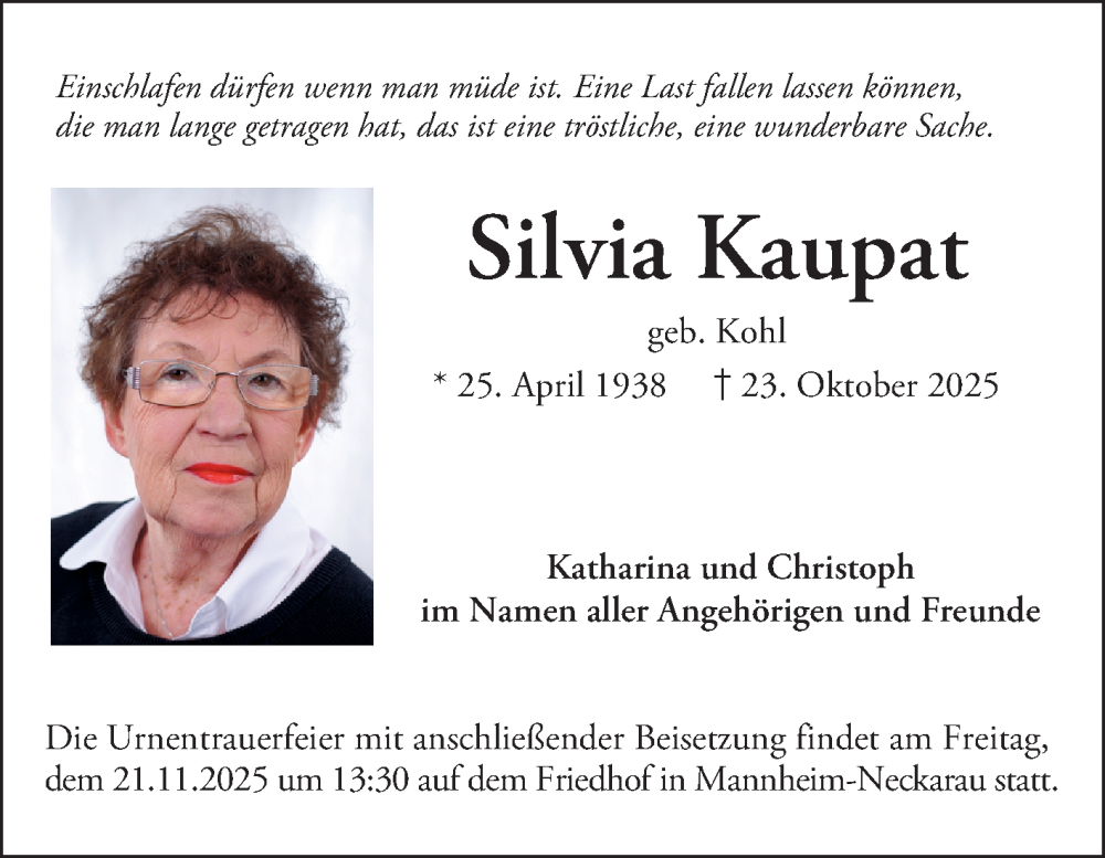  Traueranzeige für Silvia Kaupat vom 15.11.2025 aus Mannheimer Morgen