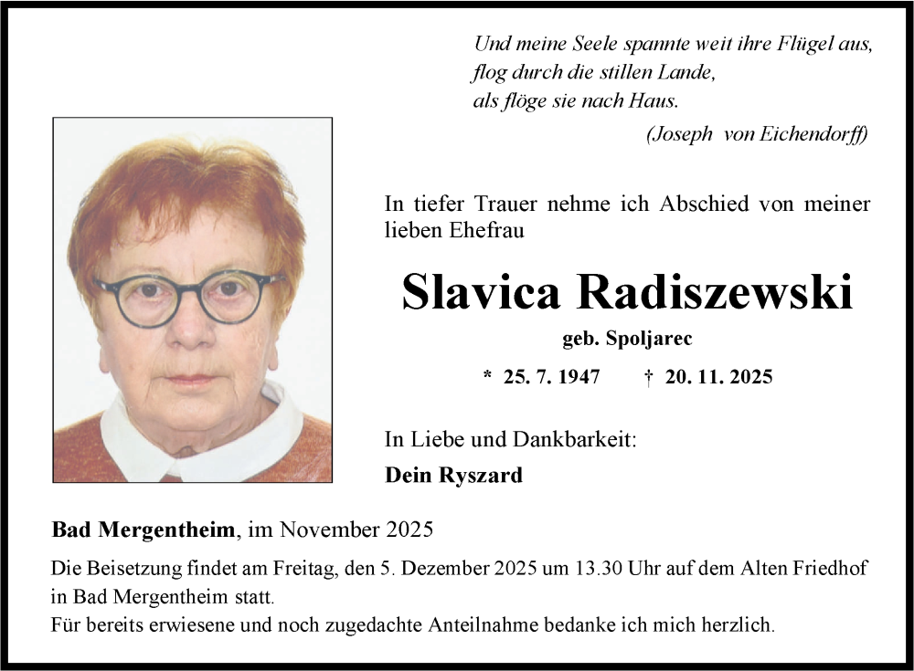  Traueranzeige für Slavica Radiszewski vom 28.11.2025 aus Fränkische Nachrichten