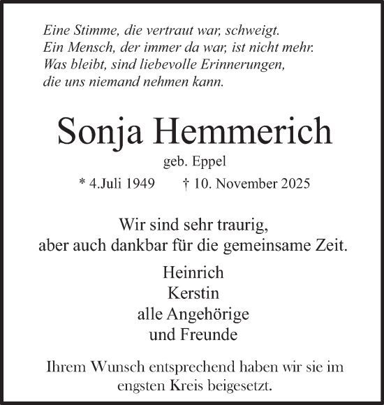 Traueranzeige von Sonja Hemmerich von Schwetzinger Zeitung