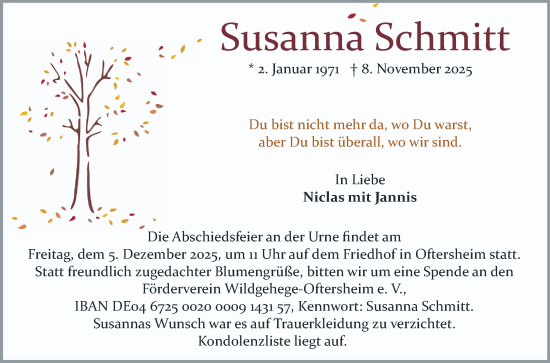 Traueranzeige von Susanna Schmitt von Schwetzinger Zeitung