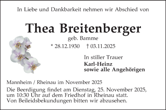 Traueranzeige von Thea Breitenberger von Mannheimer Morgen
