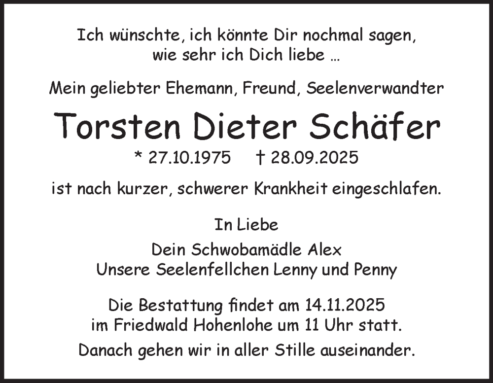  Traueranzeige für Torsten Dieter Schäfer vom 08.11.2025 aus Fränkische Nachrichten