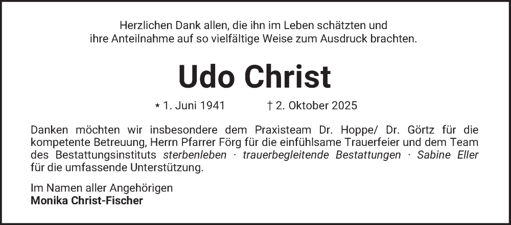  Traueranzeige für Udo Christ vom 22.11.2025 aus Bergsträßer Anzeiger