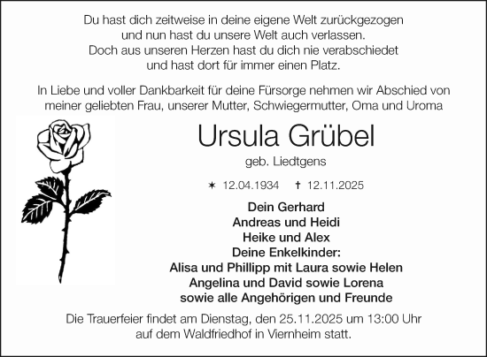 Traueranzeige von Ursula Grübel von Mannheimer Morgen