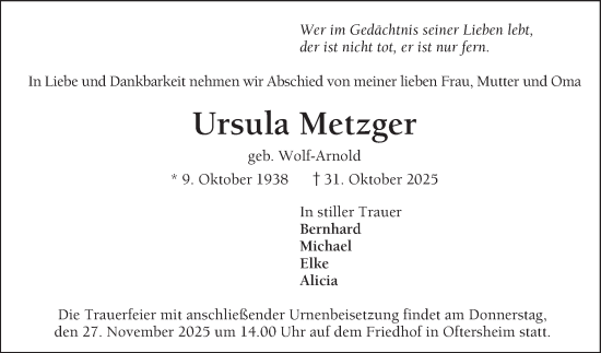 Traueranzeige von Ursula Metzger von Schwetzinger Zeitung