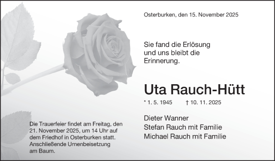Traueranzeige von Uta Rauch-Hütt von Fränkische Nachrichten